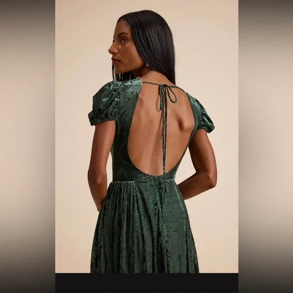 ❤️‍🔥BOGO FREE Lulu’s Arlie Emerald Green Velvet Puff Sleeve Midi Dress XL Velour - Picture 4 of 4